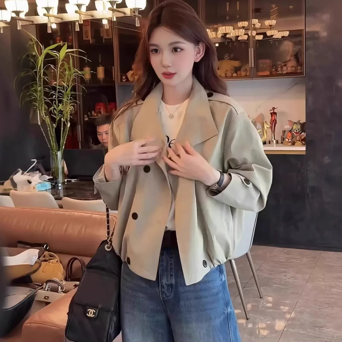 Damska kurtka Briti Sle ort, dwurzędowa, ze stójką, luźna, jesień 2025, casualowa, modna, z włókna poliestrowego, długa.