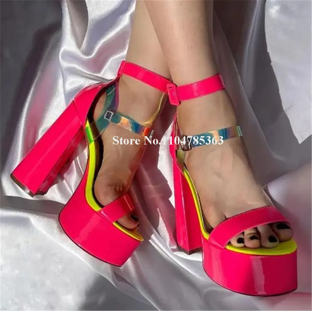 

Charming Pink Yellow Patchwork Block Heel Sandals Open Toe PVC Straps High Platform Chunky Heel Party Heels Big Size