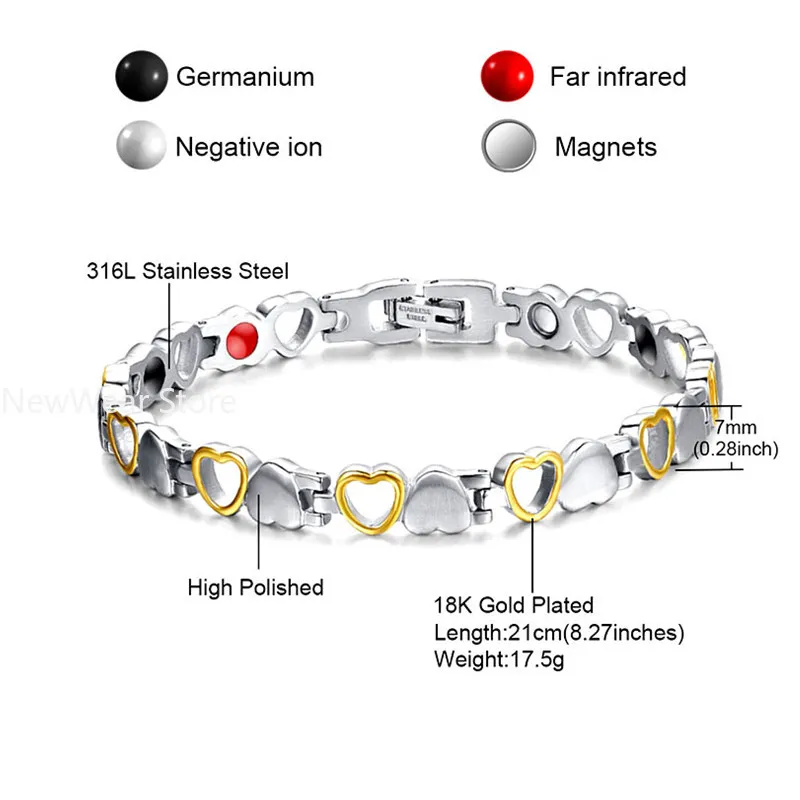 Heart Shape Health Magnetic Bracelet For Women  Anti-radiation Care Stainless Steel Bracelets Bangles with Health Germanium