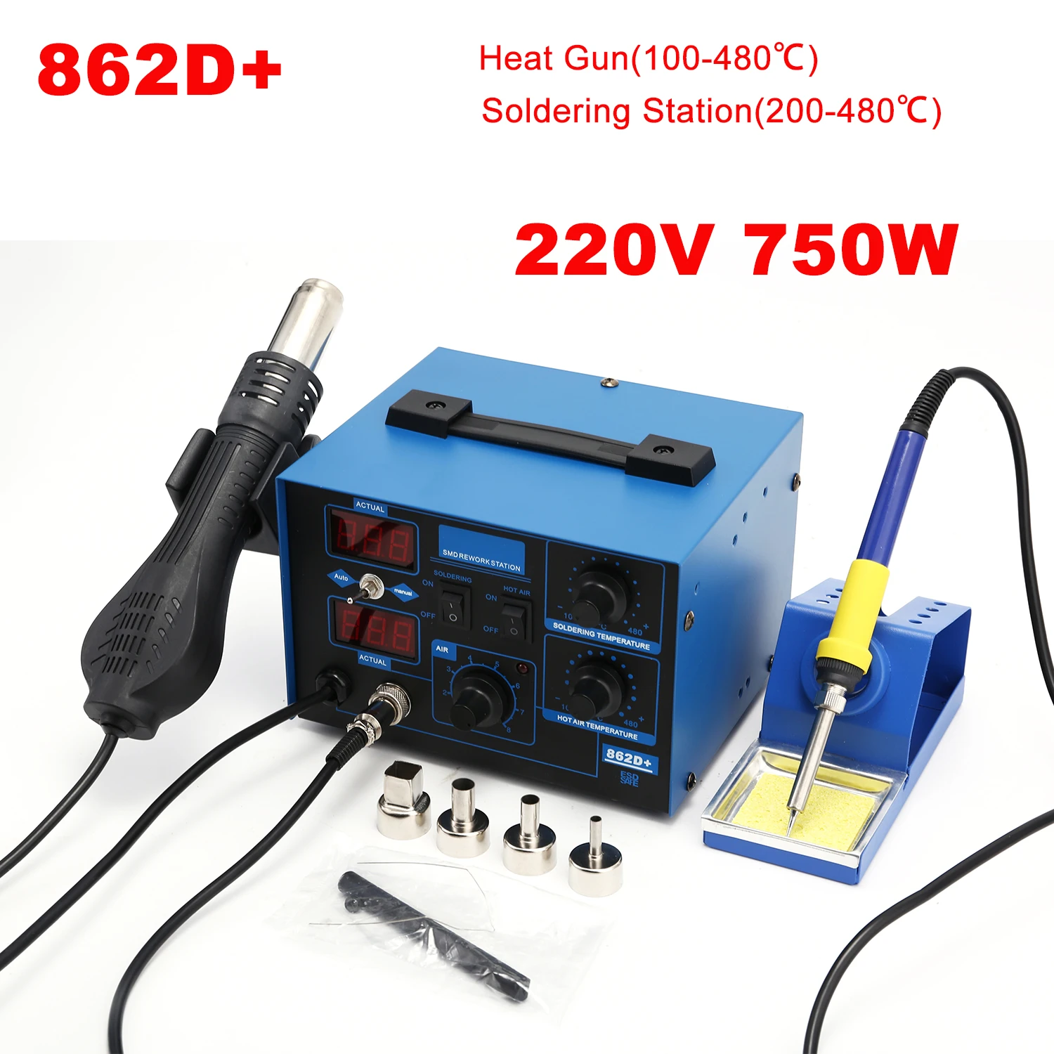 2 In 1 750W Soldering Station LCD Digital Display Welding Rework Station for Cell-phone BGA SMD PCB IC Repair Solder Tools 862D+