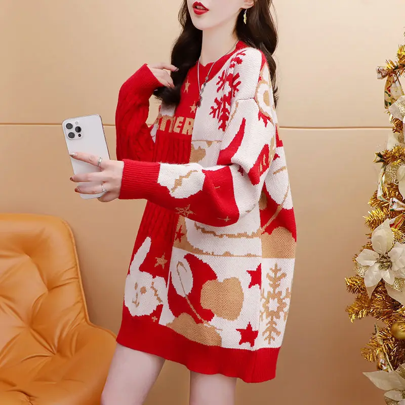 

#3831 Red Green Knitted Sweater Women Batwing Sleeve Loose Christmas Long Women Sweaters And Pullovers Vintage Warm Thick Winter
