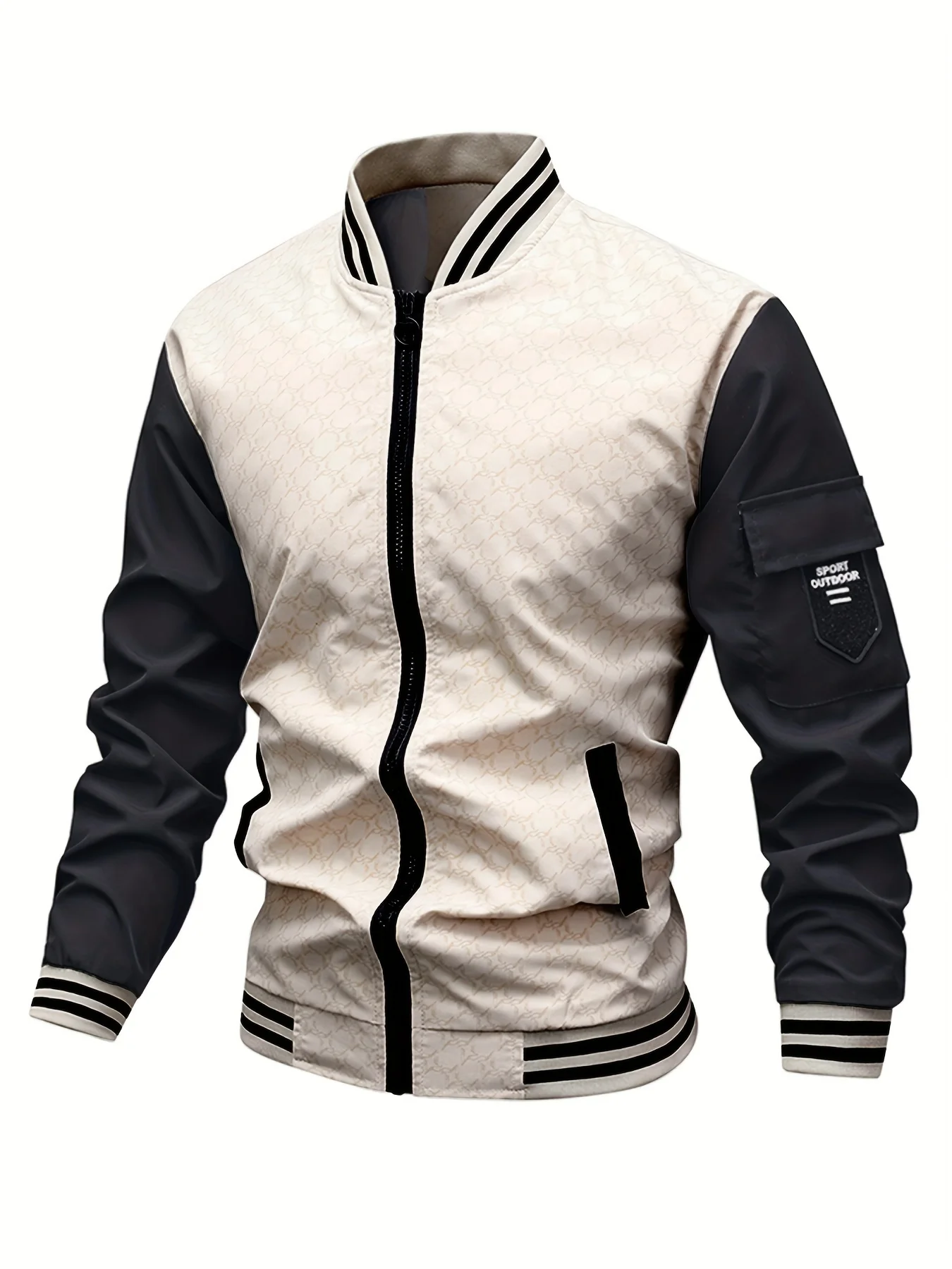

Men's Baseball Jacket - Beige & Black Two-Tone Zip-Up Coat, Stand Collar Polyester Outerwear for Casual/Formal Wear