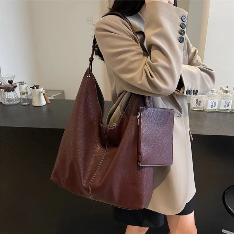 Fashion Retro PU Leather Shoulder Bags For Women 2 Pcs/set 2024 New Korean Hgh-quality Hobo Bag Solid Trend Simple Handbags Lady