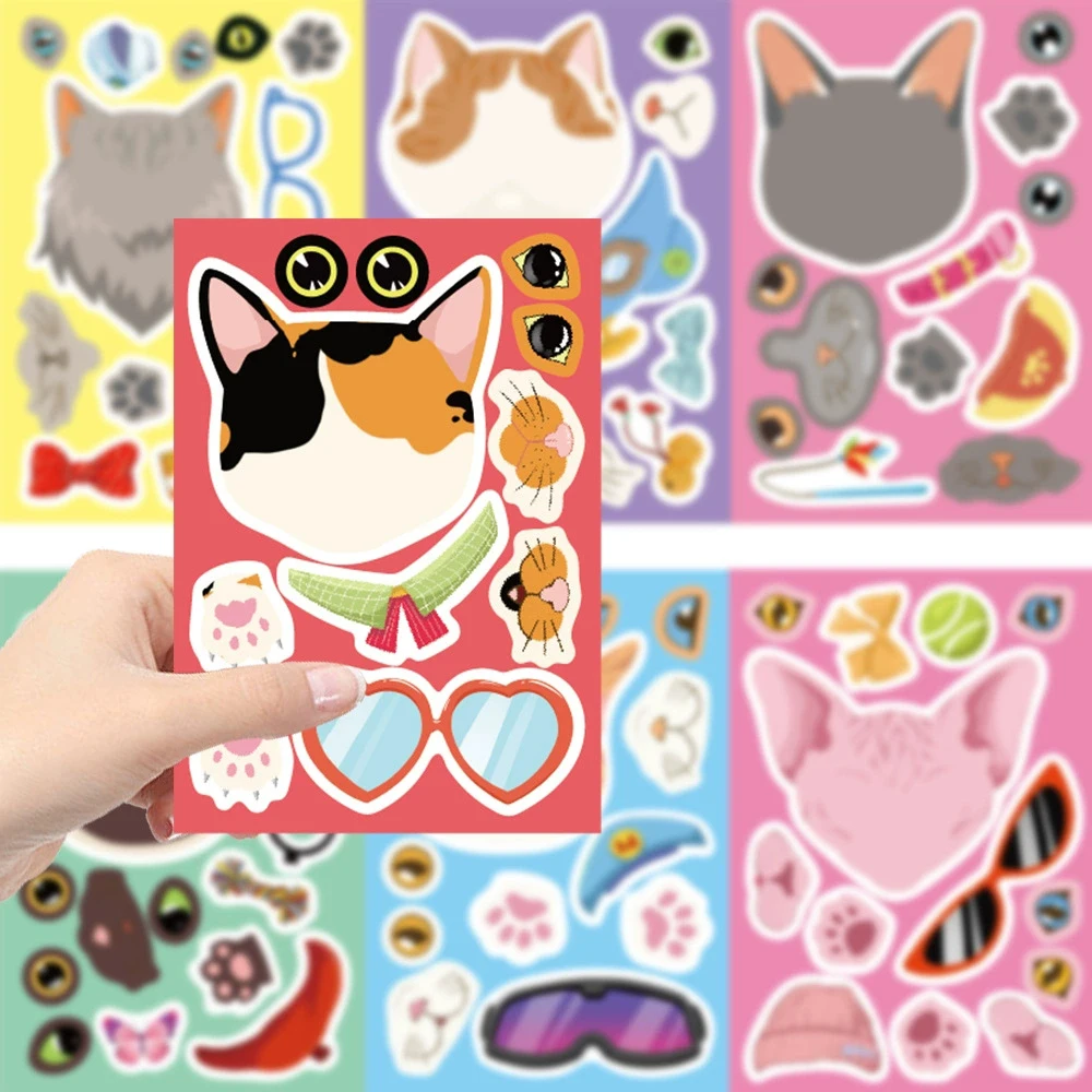 

8/16sheets Cartoon Cat Children Puzzle Stickers Cute Make a Face Kids Toy Party Game Funny DIY Assemble Jigsaw Decoration Decals