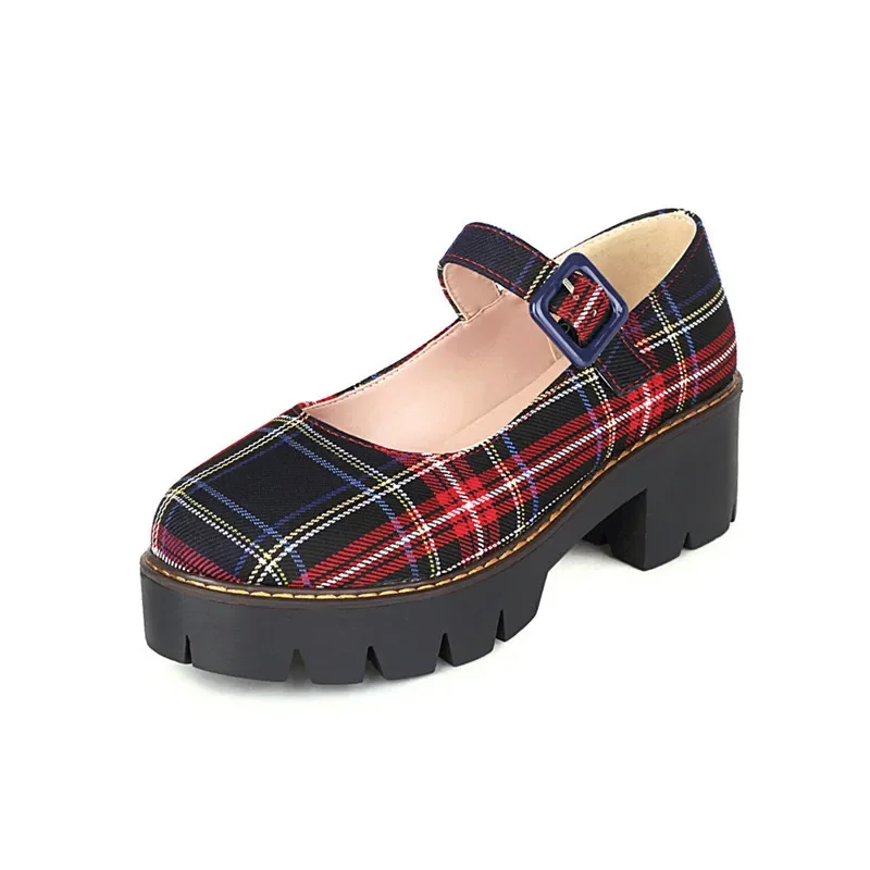 YQBTDL Nylon Leather Vintage Platform Plaid Mary Janes Pumps Women 2021 Four-Seasons High Heel Round Toe Goth Shoes Student New