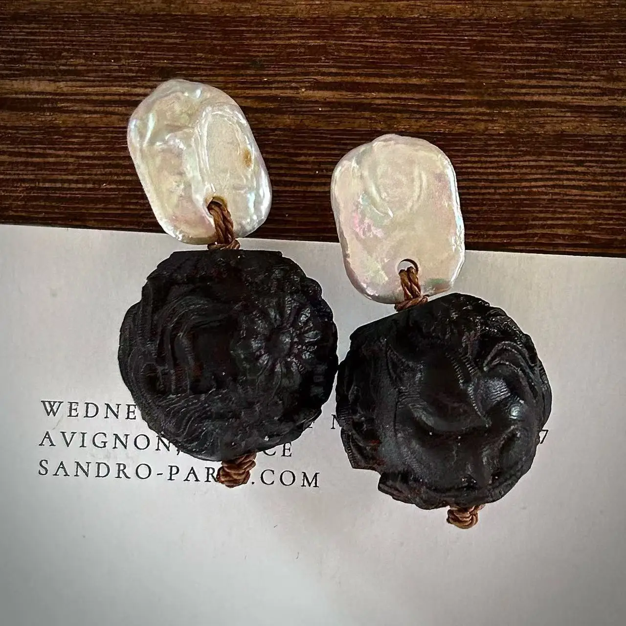 Monies wind natural agarwood carved fox flower ball baroque pearl exaggerated wood stud earrings handmade earrings