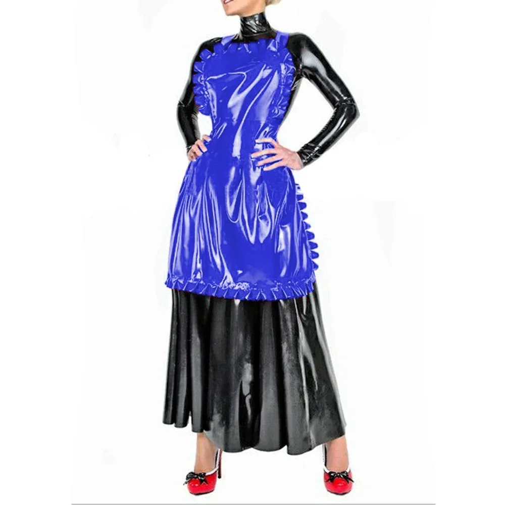 

Sissy High Neck PVC Leather Cosplay Maid Cross Dressing Long Dress A-line Maxi Dress with Apron French Anime Maid Costume 7XL