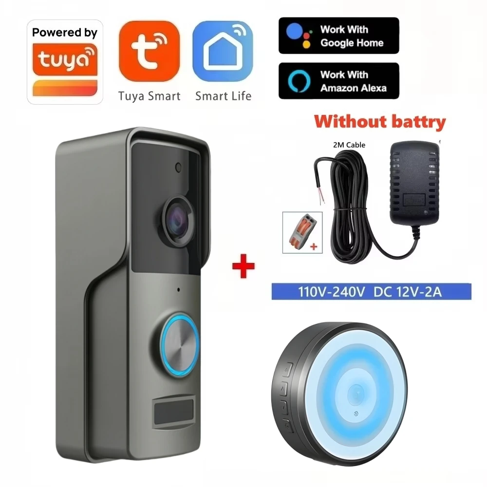 Tuya スマート WiFi ビデオドアベルカメラ 有線 DC 12V 2A 電源 4800mAh バッテリー ワイヤレス屋外ドアベルカメラ Alexa Google Home対応