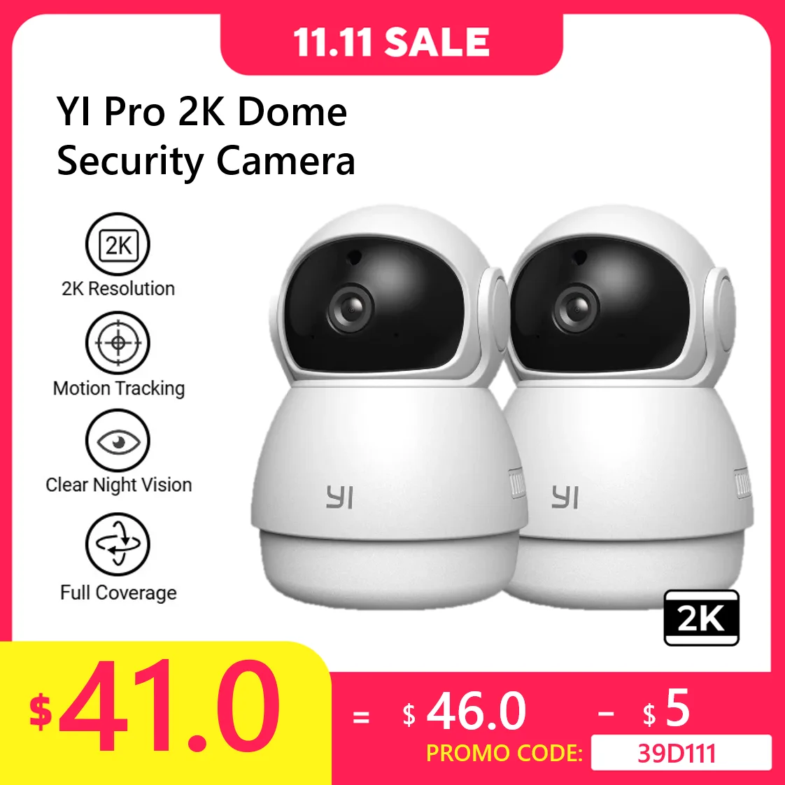 YI 2pcs Dome 2K Camera Kit  Home Security Indoor IP Cams FHD AI-Based Webcam with Human Detection 2 Way Audio Night Vision