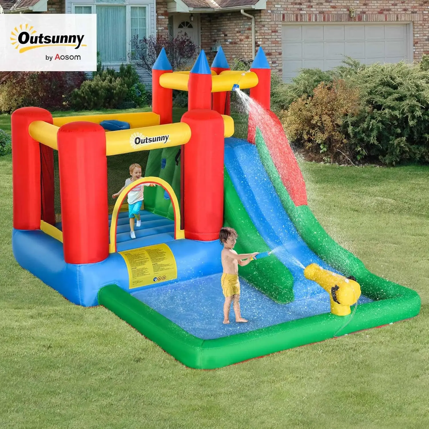 6-in-1 Inflatable Water Slide Bounce House for Kids with Pool, Water Cannon, Climbing Wall, Air Blower Included, Outdoor Backyard Jumping Castle, Fun Water Play Toy