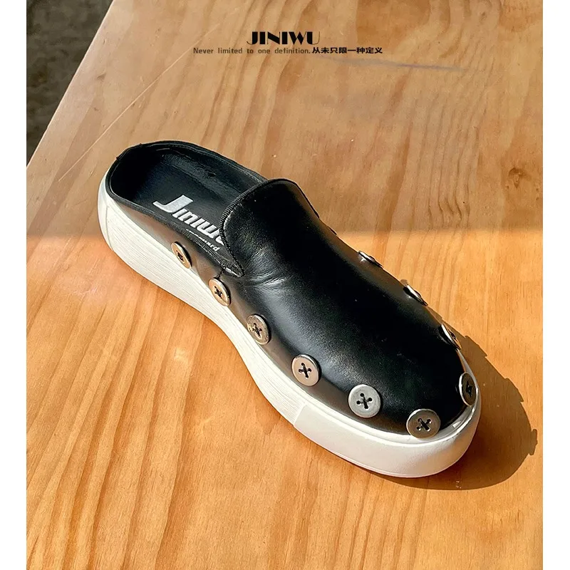 JINIWU 2026 Autumn New Men Closed Toe Mules, Button Decor Casual Slip On Shoes, Fashion Half Slide Lazy Shoes