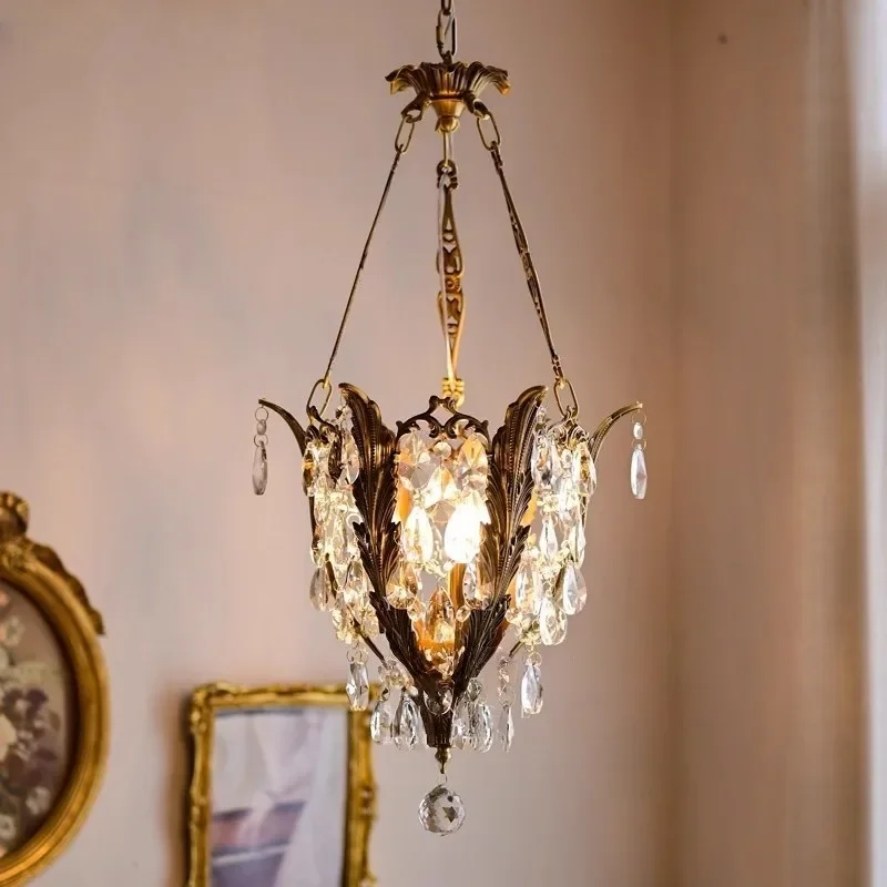 French Vintage Carving All Copper Pendant Lights Teardrop Shape Crystal Chandelier Living Room Bedroom Restaurant Hanging Lamps