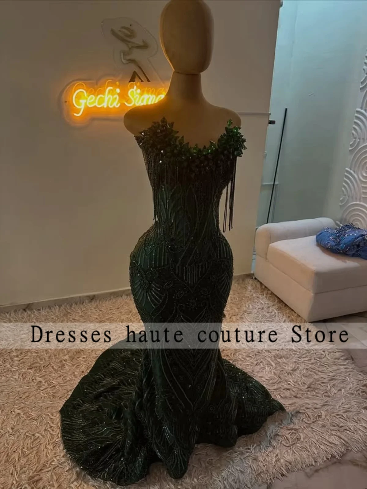 Emerald Green Beading Sequin Veil Diamond Prom Dress 2026 For Black Girl Birthday Party Dress Tassel Mermiad  Dress Customized image 2
