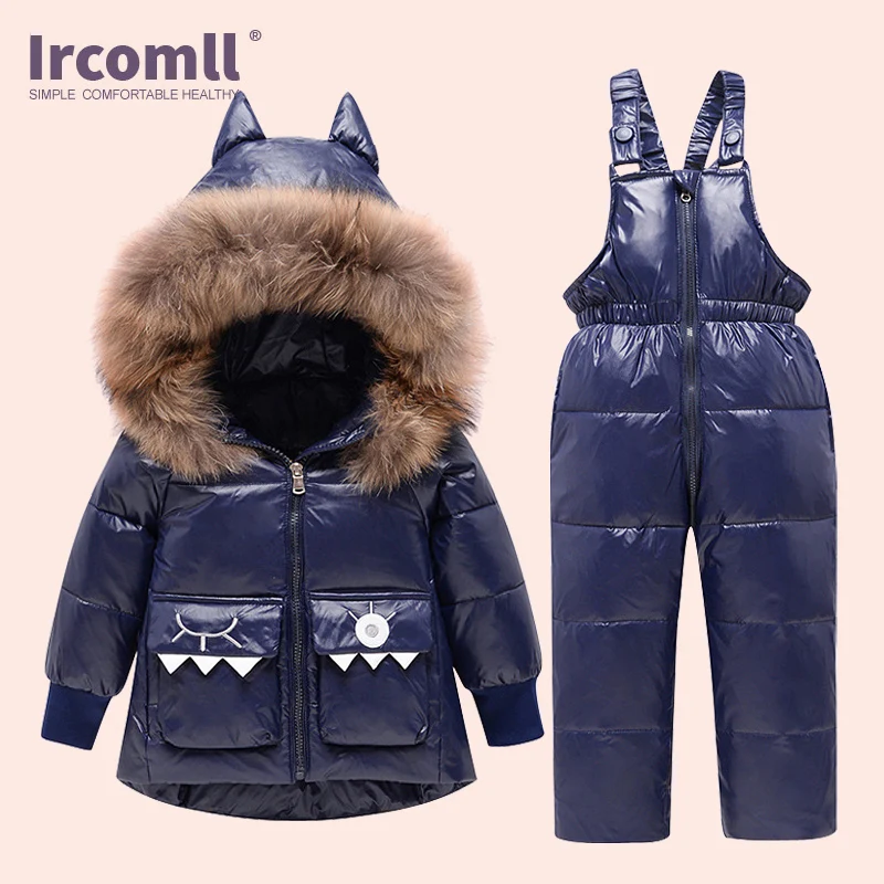 Ircomll 2PCS Winter Overalls + Jacket for girls boys outerwear Duck Down Warm Baby Child Toddler Snowsuit  shiny parka Suit