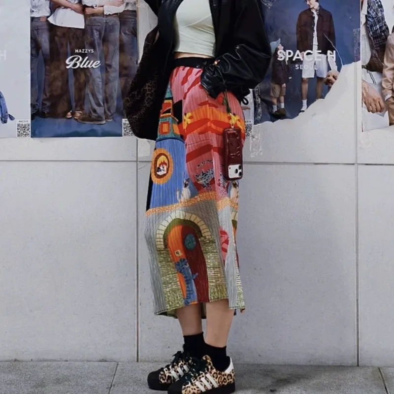 

Miyake Pleated Cartoon Print Pleated Skirt 2026 Spring Summer Back Slit Jupe Straight Elastic Artistic Style Mid-Length Skirt