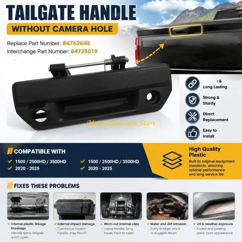 U75F Exterior Pickup Rear Gate Handle Assembly 84762645 84725019 for 2020-2025 1500, 2500HD, and 3500HD Models, Mechanical Lock
