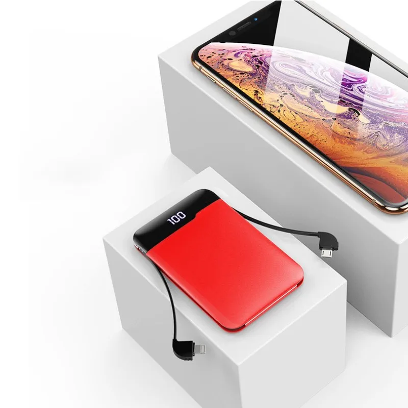 10000mAh Ultra-thin Mini Fast Charging Power Bank with Built-in Cable