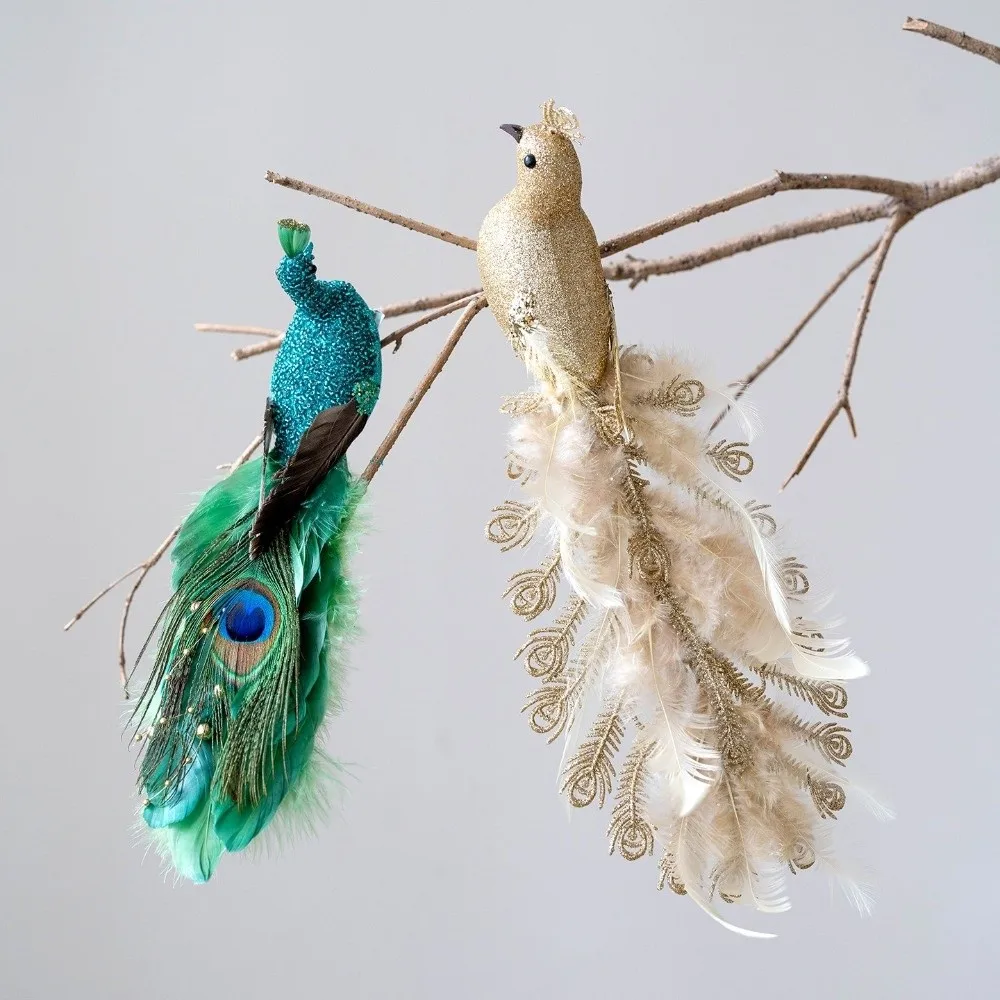 

Glitter Christmas Peacock Ornaments Handmade Simulation Bird Faux Peacock Feather Realistic Christmas Tree Decoration