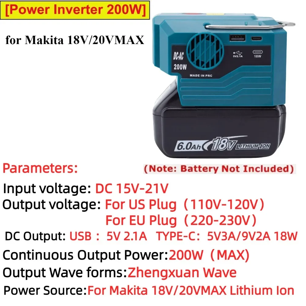 200W Power Inverter for Makita 18V LXT BL Li-ion Battery Series Adapter with 110V~230V AC Outlet with USB LED Light （No Battery）