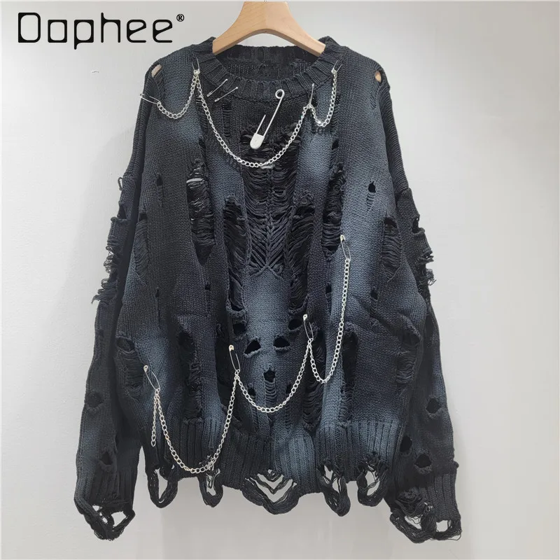 Harajuku Style Street Personality Ripped Hollow Sweater Women Korean Fashion Pin Round Neck Knitted Long Sleeve Pullover Autumn