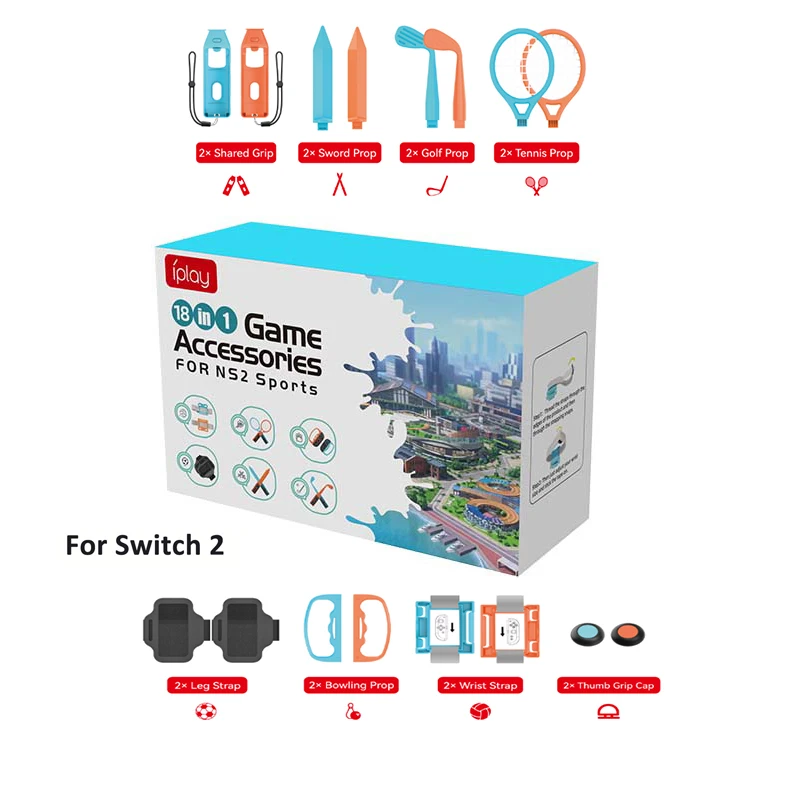 

18 in 1 Accessories Bundle for Nintendo Switch 2 Sports, Family Games-Detachable, Bowling/Sword/Golf/Tennis Prop, Strap etc,.