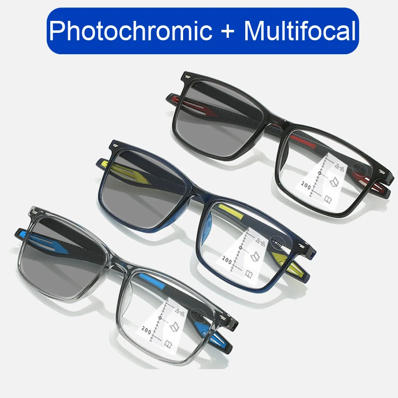 Color Changing Multifocal Presbyopia Glasses TR90 Sports Bifocal Near Far Sight Eyewear Finished Photochromic Reading Eyeglasses