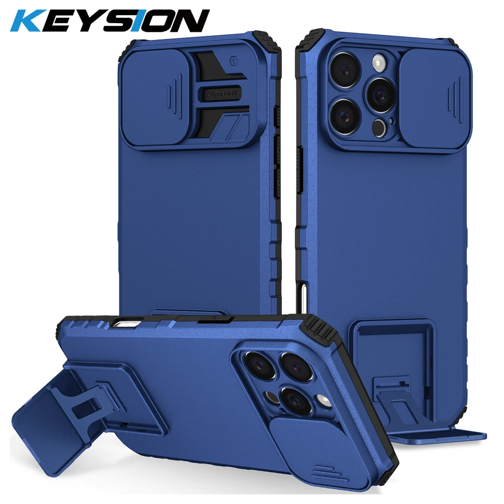 KEYSION Shockproof Armor Case for iPhone 16 Pro Max Slide Camera Lens Protection Live Stand Phone Back Cover for iPhone 16 Plus