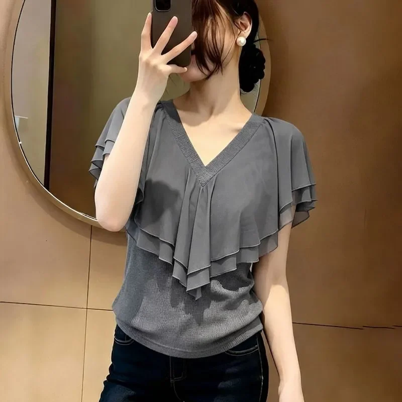 Blusa con volantes y cuello en V para mujer, informal, holgada, de manga corta, ligera, de gasa, a la moda de verano