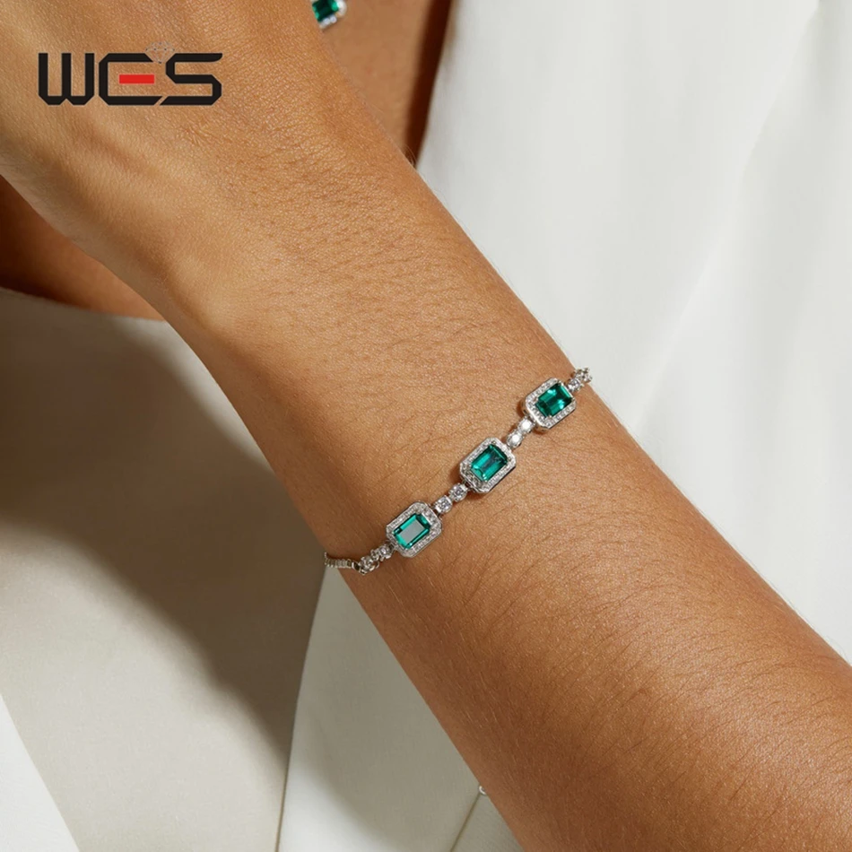 WES 925 Sterling Silver 4*6mm Lab Created Emerald Bracelet for Women Birthday Gifts May Birthstone Jewelry Certified Wholesale