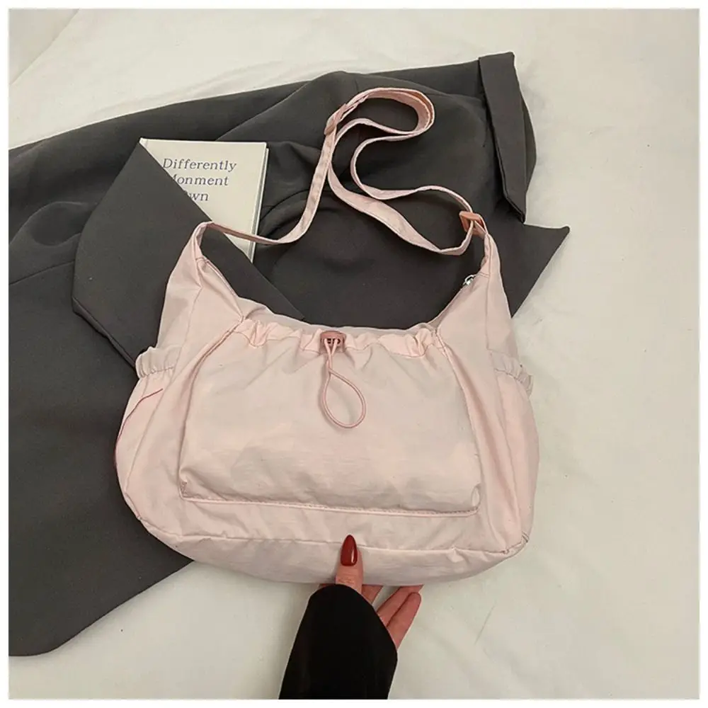 Casual Korean Style Nylon Shoulder Bag Pleated Handbag Crossbody Bag Tote Bag Lightweight Drawstring Bag Women
