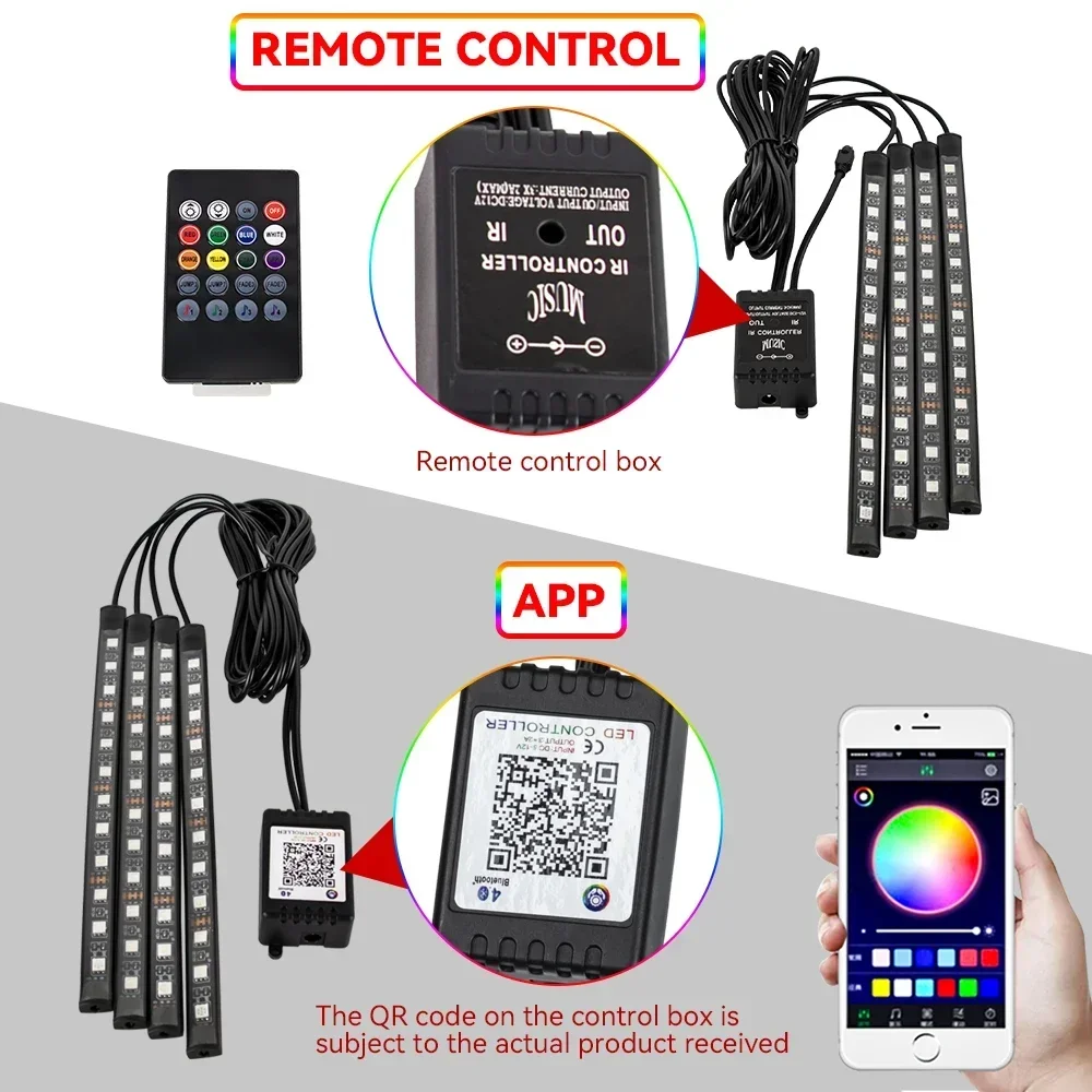 Luz LED de neón para pie de ambiente Interior de coche, con Control remoto inalámbrico USB, Control por aplicación de música, luz decorativa ambiental RGB automática