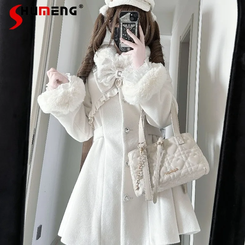 

Japanese Sweet Loose Mass-Produced Style Fur Collar Long Wool Waist-Cinching Coat Solid Color Lolita Single-Breasted Top Jacket