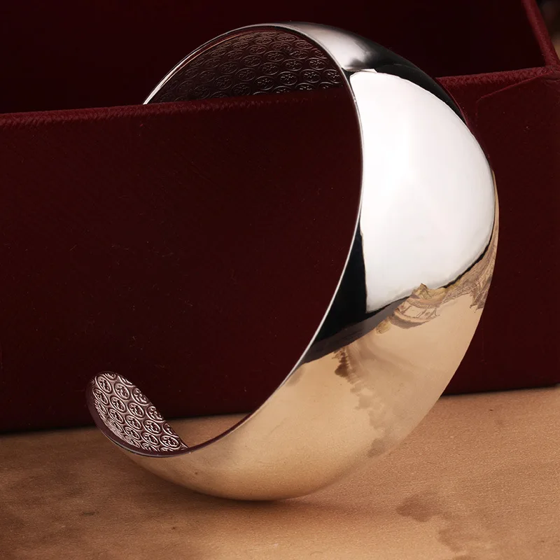 تعويذة بسيطة لامعة 925 الفضة سوار المرأة العرقية نمط موضة سوار واسع مفتوح مكدسة المجوهرات