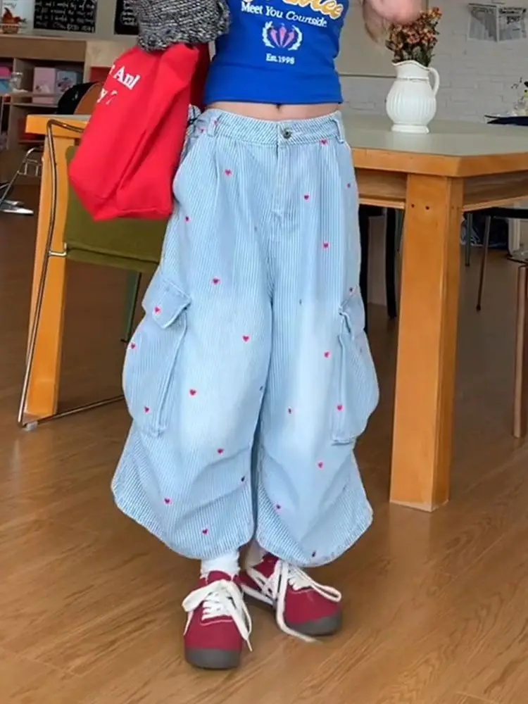 

Streetwear Vintage Love Embroidery Baggy Cargo Jeans Women Harajuku Y2k Denim Trousers American Retro 2000s Oversize Pants