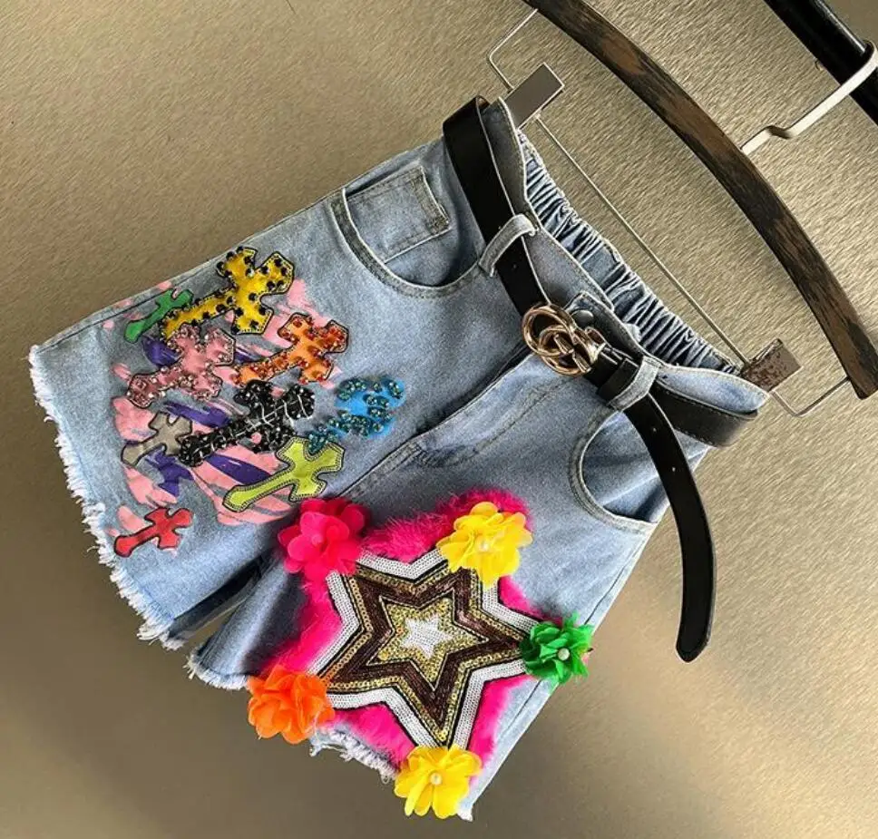 2022 New Summer Heavy Work Sequins Embroidery Rhinestones Denim Shorts Female Fashion Temperament Tide Shorts s275