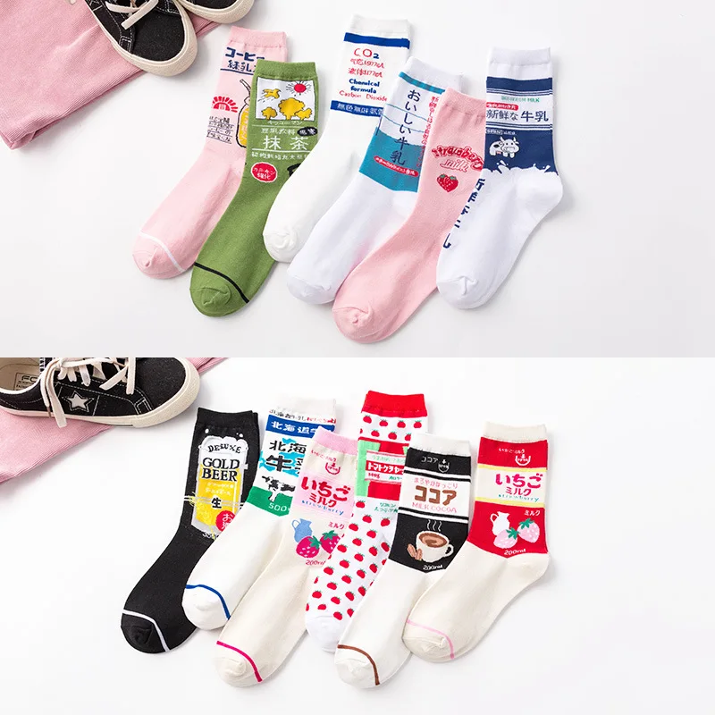 Fashion Streetwear Hip Hop Women Kawaii Socks Cotton Japanese Korean Style Cartoon Juice Funny Pink Socks for Women 421