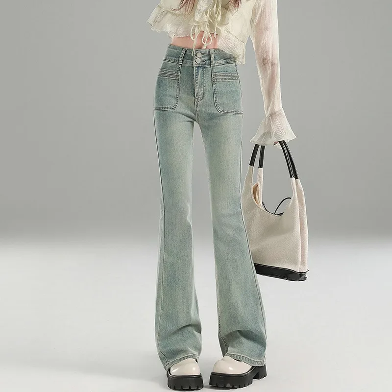 

Весна 202, женские винтажные расклешенные джинсы с высокой талией, корейские брюки-клеш для девочек Y2k, женские уличные брюки, серые, синие джинсовые брюки