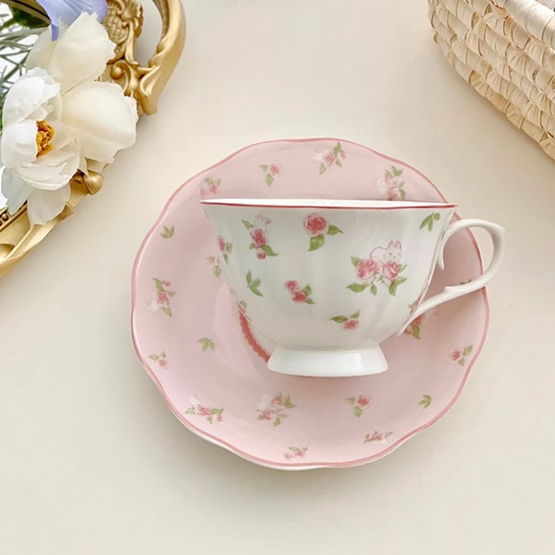 Pretty Pink Rose With Cute Rabbit Ceramics Coffee Cup and Saucer Set English Afternoon Tea Cup Mug 250ml