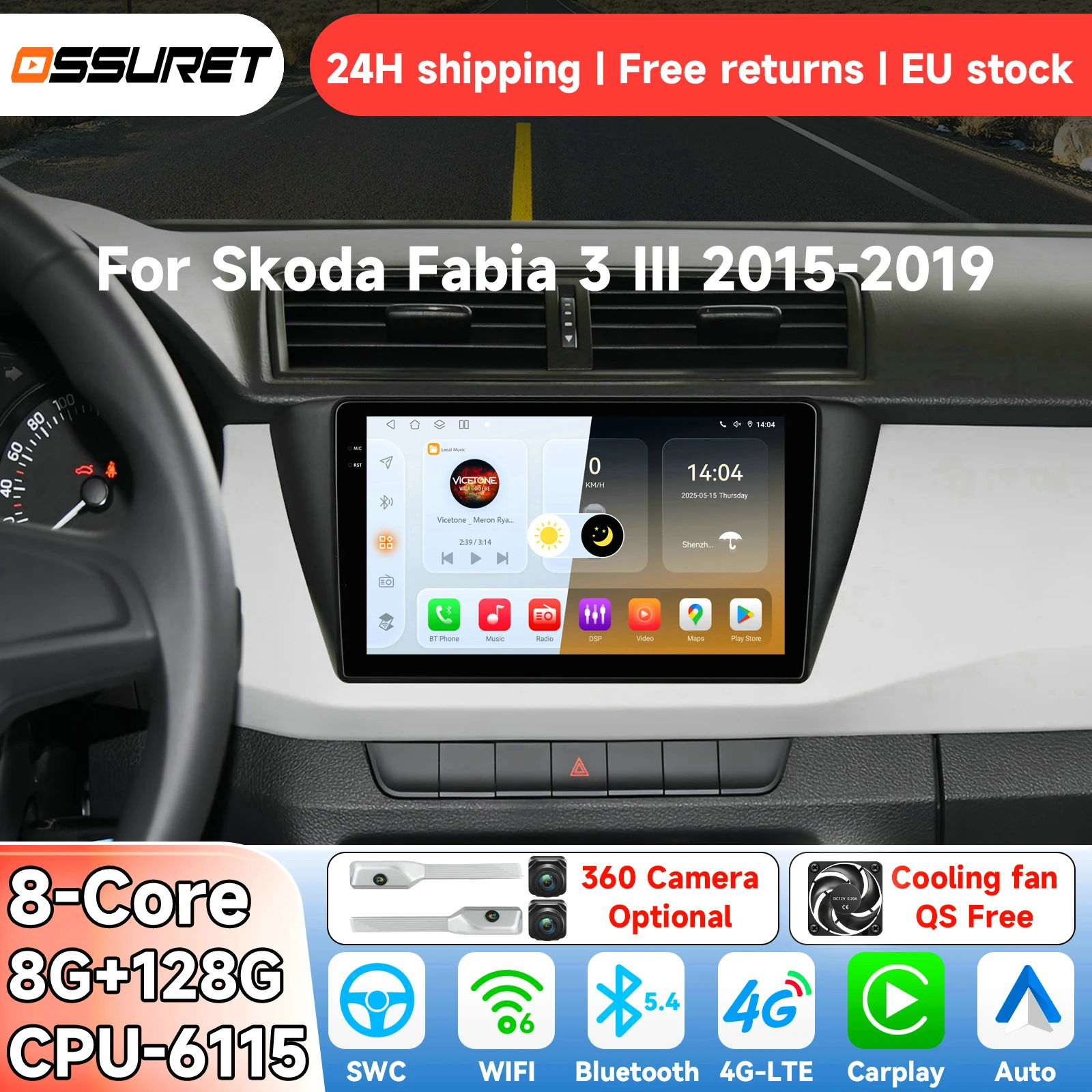 OSSURET AI Android 14 autoradio pour Skoda Fabia 3 III 2015 2016 2017 2018 2019 système intelligent Carplay auto lecteur vidéo multimédia GPS 4G 6115