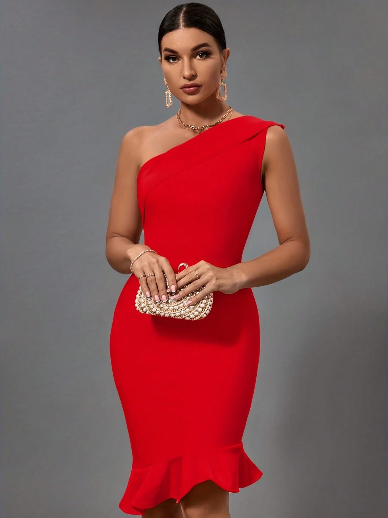 

Women's Fashion Sexy Temperament Elegant Tight One Shoulder Ruffled Summer Knee-Length Bandage Dress Party Cocktail Evening