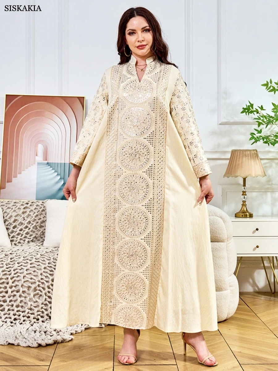 

Siskakia Luxury Woman Evening Dress Muslim Sequins Patchwork Abaya Jacquard Caftan Marocain Femme 2025
