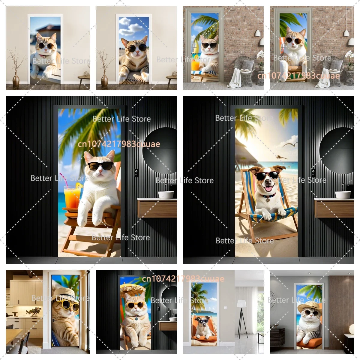 

Beach Kitten and Puppy Sunglasses Door Sticker Bedroom Cabinet Decorative Sticker PVC Detachable Waterproof Self-adhesive Mural