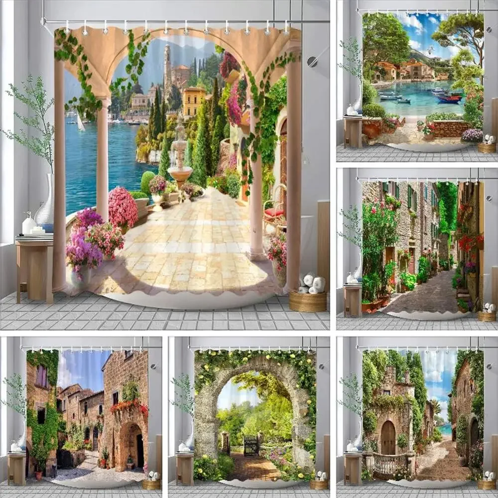 Italian Tuscan Village Shower Curtain Mediterranean Lake Town Arch Flower Green Plant Seascape Waterproof Polyester Bathroom Cur