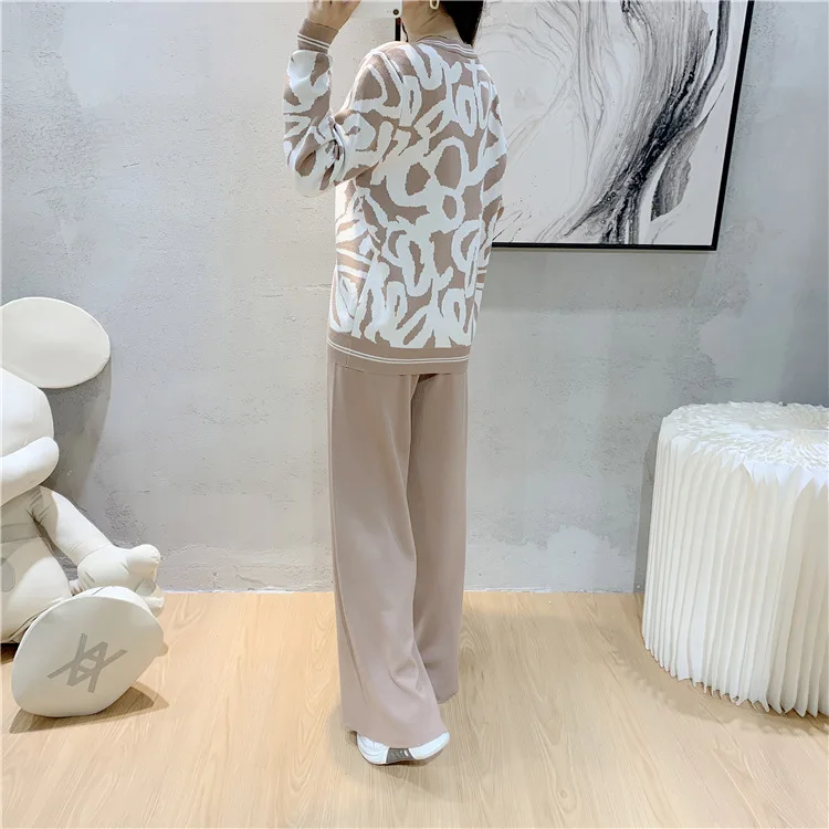 V-neck Leopard Print Cardigan Sets Women Casual Loose Sweater Jackets Tops Suits New High Waist Knit Wide Leg Pants Outfits