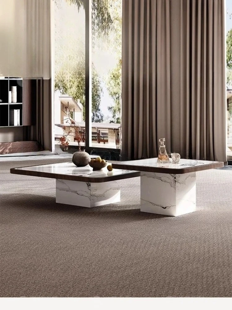 A Rock slab bright square coffee table light luxury high-end home living room small apartment