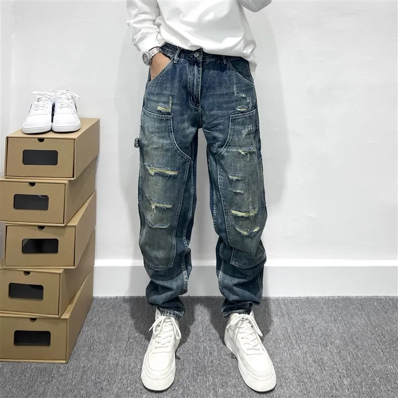 

Retro Heavyweight Men's Denim Jeans Hollow out Workwear Straight Leg Tapered Pants American High Street Loose Fit Long Trousers
