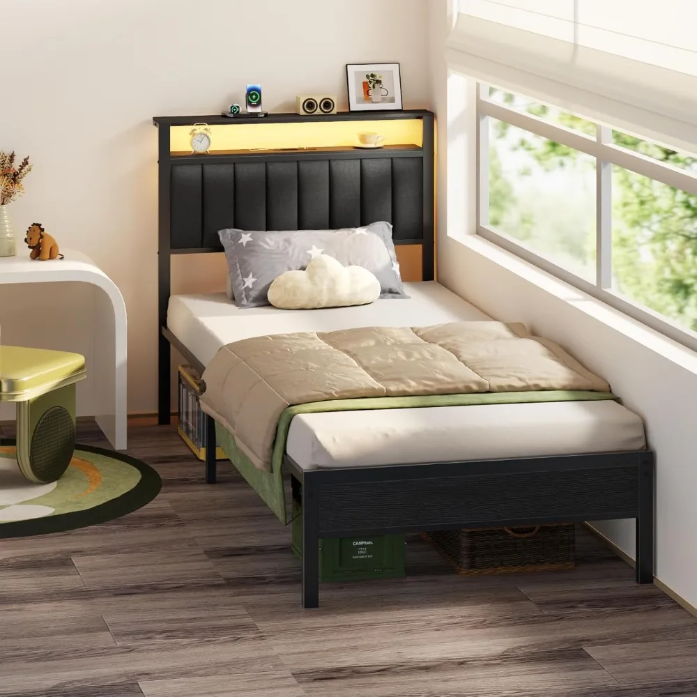 LED Queen Size Bed Frame with Charging Station&2-Tier Storage Shelves, Metal Slat&Upholstered Headboard, No Box Spring Needed image 3
