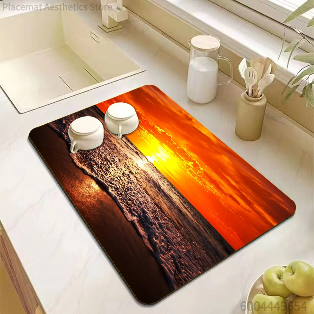 Beach Sunset Ocean Wave Print Super Absorbent Drying Mat Waterproof Kitchen Counter Drain Pad Decor Placemat
