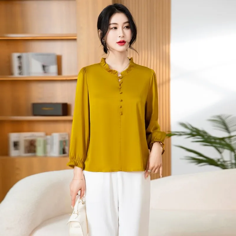 Women\'s High Quality Silk Ruffled Elegant Blouse Korean Fashion Solid Slim Office Lady Casual Shirt Long Sleeve Chic Tops Blusas