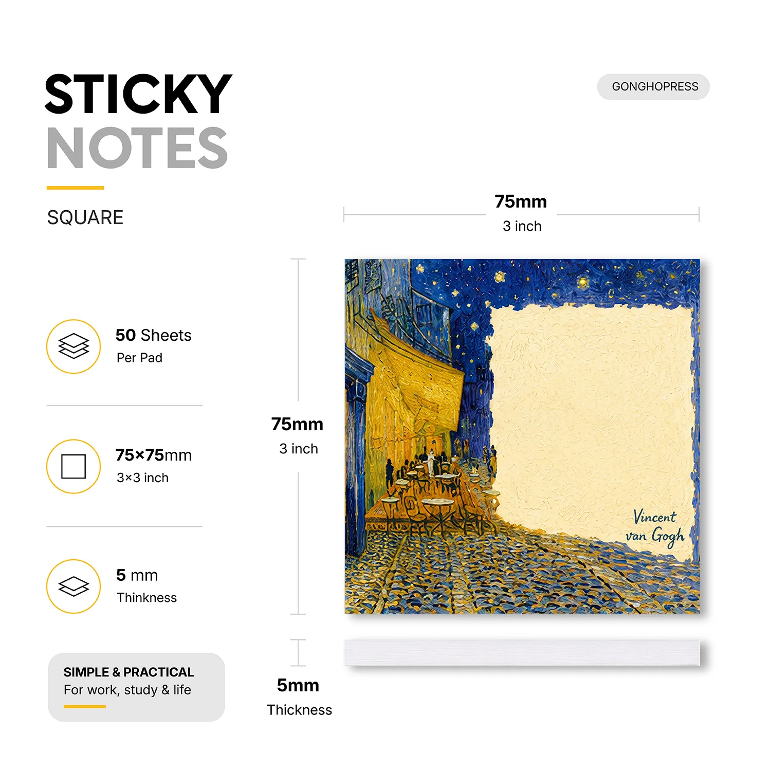 2 Pcs 100 Sheets Total Van Gogh Inspired Starry Night Sticky Notes, Vintage Cafe Oil Painting Memo Pads, Artistic Self-Adhesive